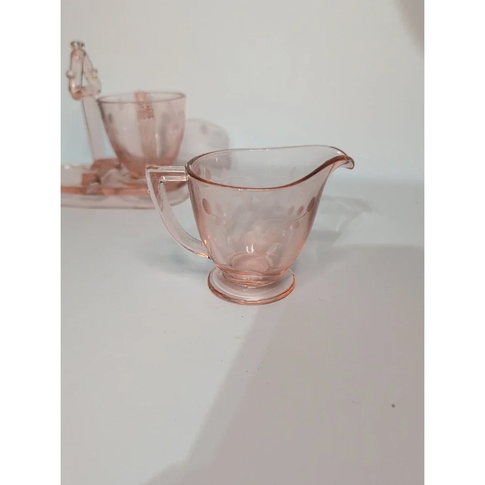 Pink Depression Etched Glass 3-Piece Set: Sugar, Creamer, &  tray coffee tea